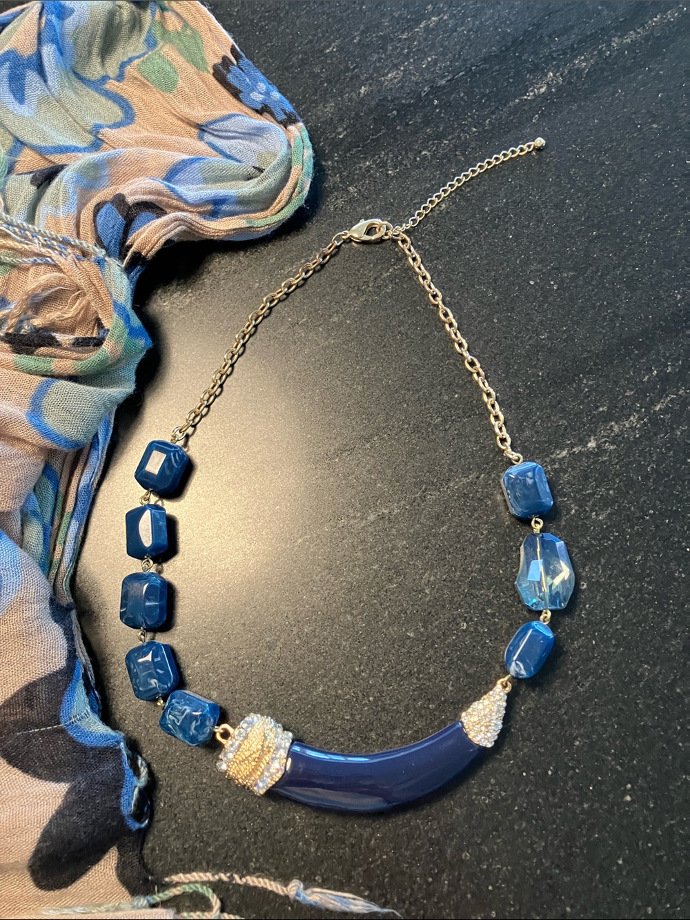 Blue Statement Necklace with Gold Accents